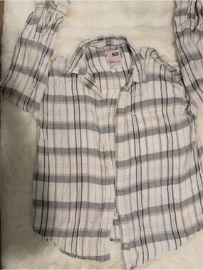 SO Women's Plaid Button-Up Shirt in White, Gray and Cream